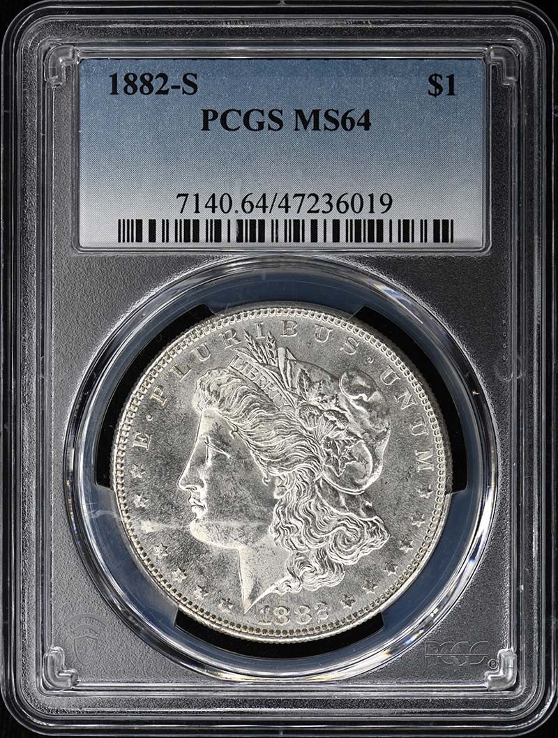 PCGS MS64 1882-S Morgan Silver Dollar $1: PCGS MS64 1882-S Morgan Silver Dollar $1 1882 Morgan Dollar certified by PCGS and graded MS64. This pre-owned coin is an uncirculated Morgan Dollar from the United States. Specifications Coin Type: Mo