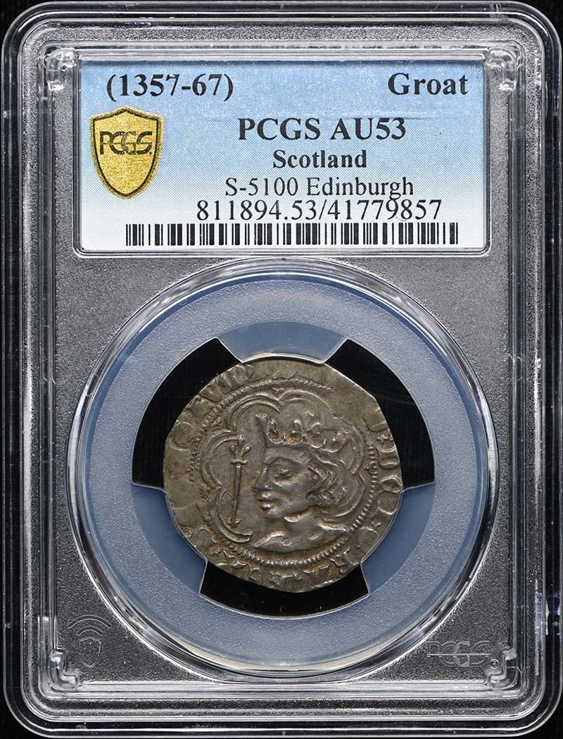 Scotland Edinburgh 1357-67 Groat PCGS AU53 S-5100: Scotland Edinburgh 1357-67 Groat PCGS AU53 S-5100 Scottish groat dated 1357-67 from Edinburgh, graded AU53 by PCGS. This pre-owned circulated coin is identified as S-5100 and is presented as certified