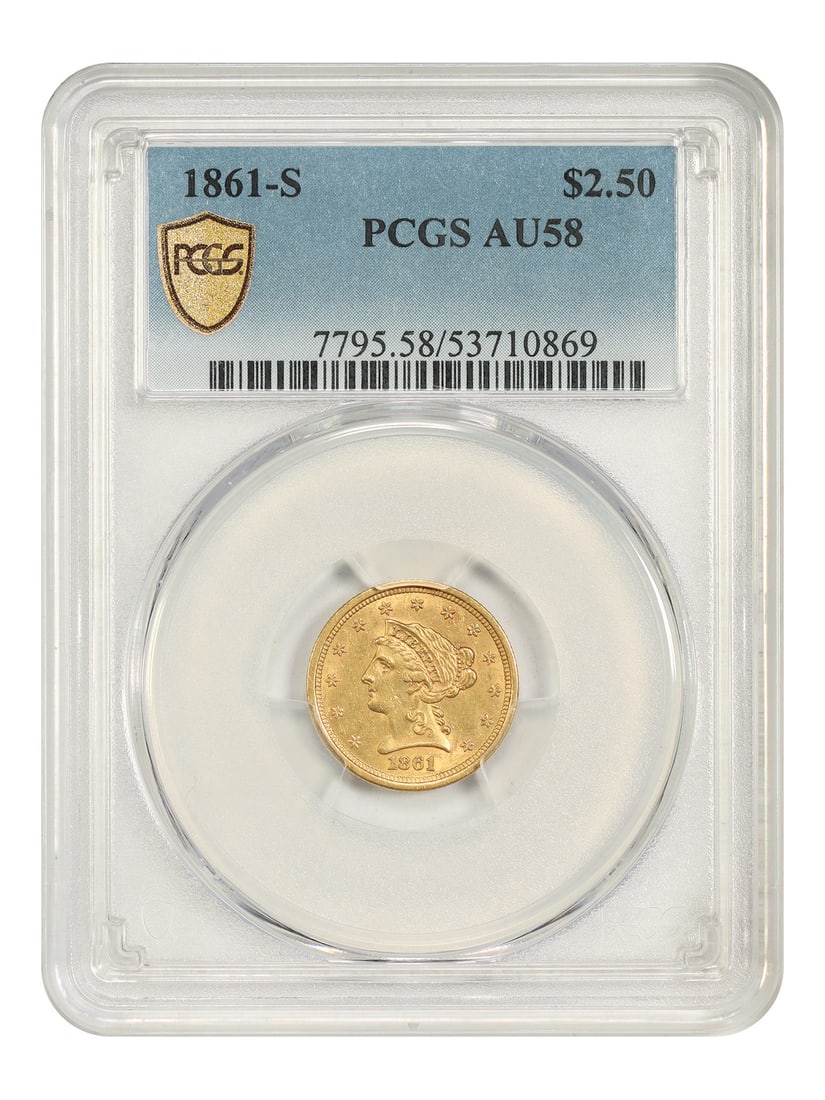 1861-S Liberty Head Quarter Eagle $2.50 PCGS AU58: 1861-S Liberty Head Quarter Eagle $2.50 PCGS AU58 1861-S Liberty Head $2.50 gold coin graded PCGS AU58. This circulated, pre-owned example is a lower mintage Civil War issue; only 24,000 were produced