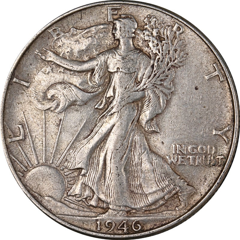 1946 P Walking Liberty Half Dollar DDR Silver Uncertified: 1946 P Walking Liberty Half Dollar DDR Silver Uncertified This 1946-P DDR Walking Liberty Half Dollar is a high-grade example perfect for any coin collection. Minted in Philadelphia, this circulated c