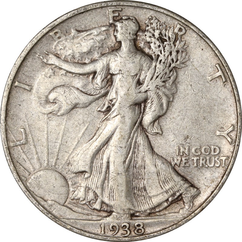 1938-D Walking Liberty Half Dollar Key Coin Silver: 1938-D Walking Liberty Half Dollar Key Coin Silver This 1938-D Walking Liberty Half Dollar is a key date coin, produced at the Denver Mint. Composed of 90% silver, this circulated coin from the United