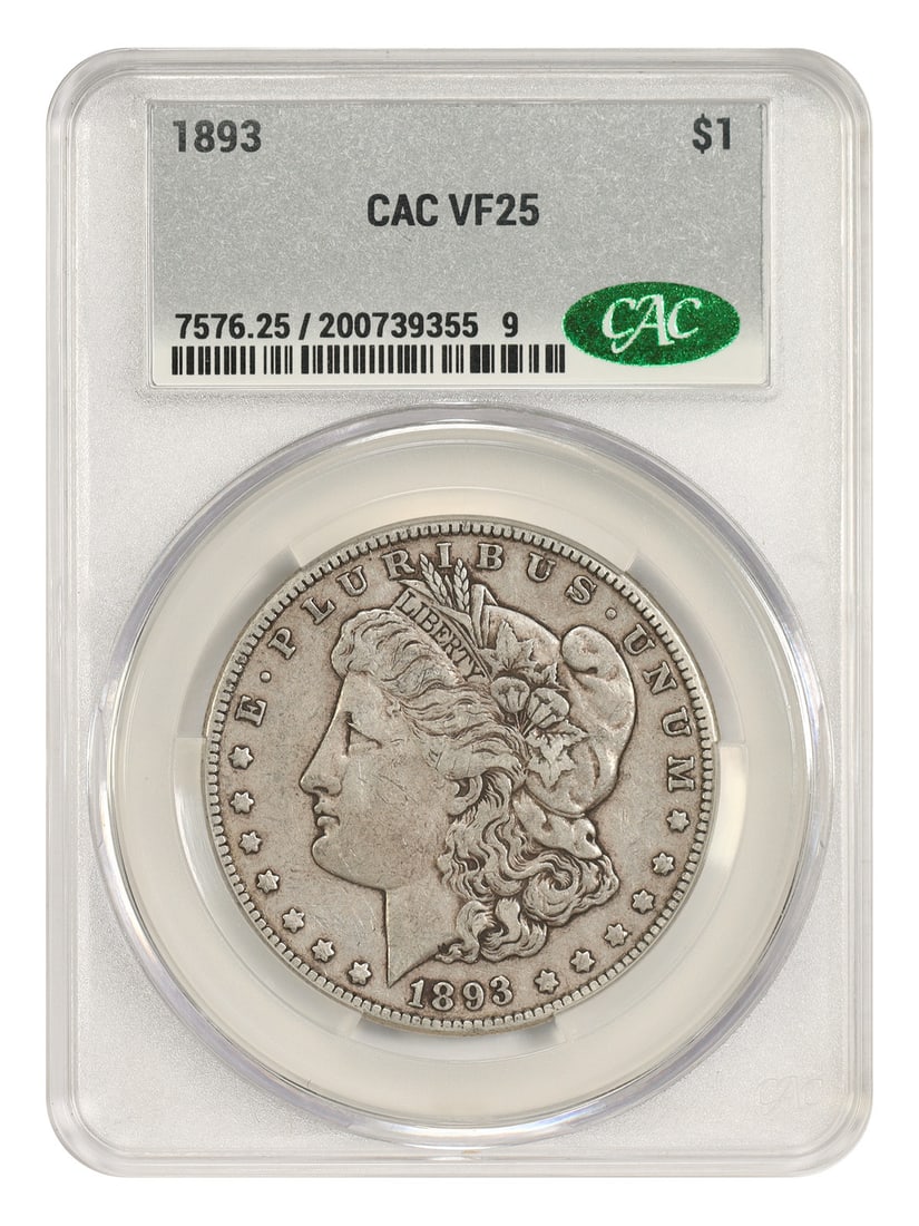 CACG VF25 1893 Philadelphia Morgan Silver Dollar Better Date: CACG VF25 1893 Philadelphia Morgan Silver Dollar Better Date 1893 Morgan Dollar certified by CACG in VF25 condition. This circulated Philadelphia issue is a better date in the Morgan dollar series, wi