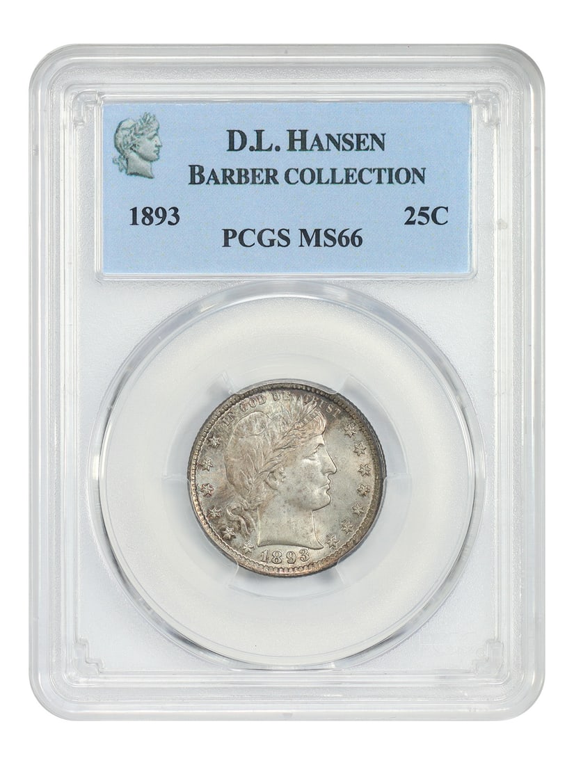 PCGS MS66 1893 Barber Quarter 25C ex D.L. Hansen: PCGS MS66 1893 Barber Quarter 25C ex D.L. Hansen 1893 Barber Quarter certified by PCGS as MS66. This uncirculated example features original, nearly unabraded dove-grey surfaces with satiny luster, alo
