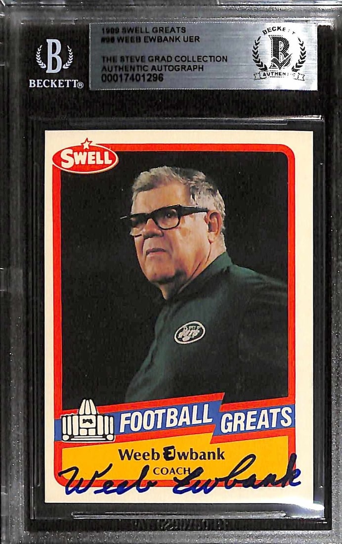Weeb Ewbank Signed 1989 Swell Greats #98 Card Beckett Authenticated: Weeb Ewbank Signed 1989 Swell Greats #98 Card Beckett Authenticated This is an autographed 1989 Swell Greats #98 sports trading card, signed by Weeb Ewbank, the former head coach of the New York Jets.