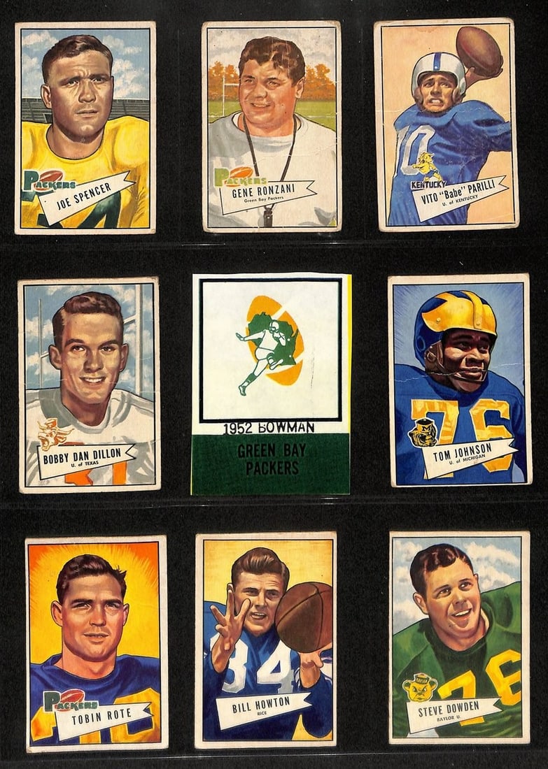 1952 Bowman Green Bay Packers Football Cards Partial Set of 8: 1952 Bowman Green Bay Packers Football Cards Partial Set of 8 This offering features a 1952 Bowman Small Football Cards Green Bay Packers Partial Team Set, consisting of 8 original cards. The set incl