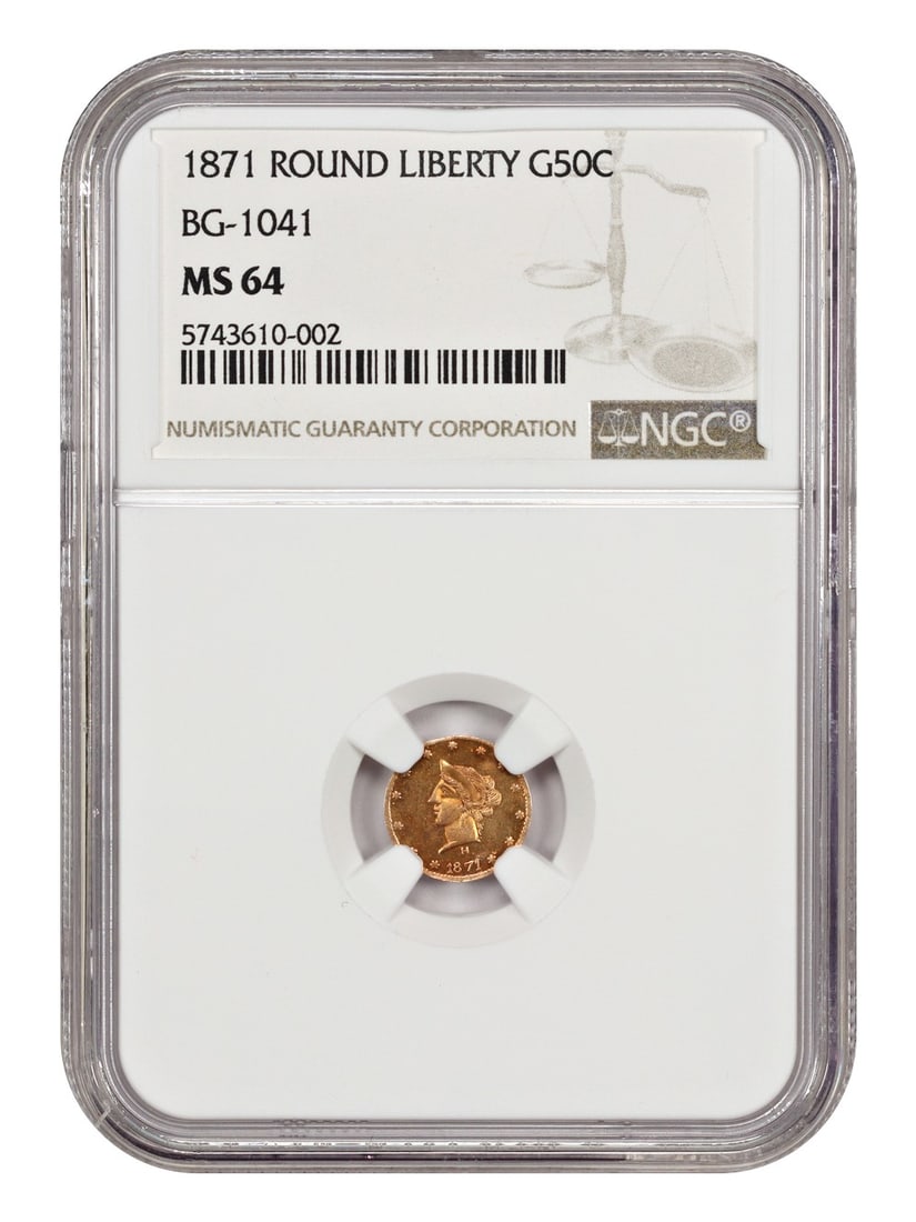1871 California Fractional Gold 50C Round Liberty NGC MS64 BG-1041: 1871 California Fractional Gold 50C Round Liberty NGC MS64 BG-1041 1871 California Fractional Gold 50C coin certified by NGC in MS64. This Round Liberty variety, BG-1041, is described as the sole fine