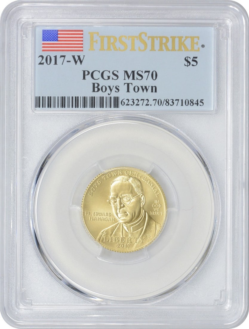PCGS MS70 2017-W Boys Town $5 Gold Commemorative First Strike: PCGS MS70 2017-W Boys Town $5 Gold Commemorative First Strike This 2017-W $5 Gold Boys Town Commemorative coin is a United States Mint issue honoring Boys Town. Struck in gold, the coin is graded Mint