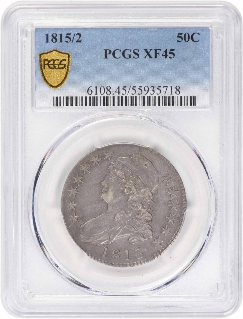 PCGS EF45 1815 2 Overdate Silver 50C Bust Half Dollar: PCGS EF45 1815 2 Overdate Silver 50C Bust Half Dollar An 1815 Bust Silver Half Dollar certified by PCGS and graded EF45. This United States 50C coin is composed of silver and has no mint mark. Listed 