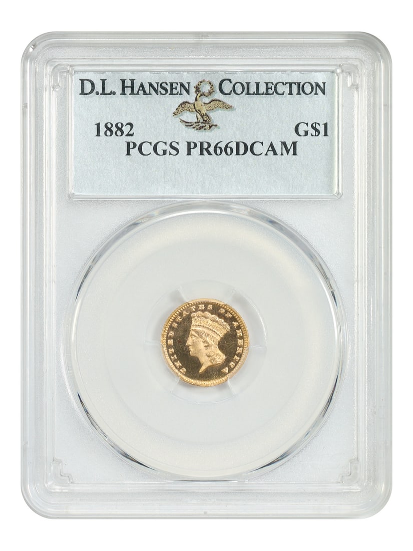 1882 Gold Dollar G$1 PCGS PR66DCAM ex D.L. Hansen: 1882 Gold Dollar G$1 PCGS PR66DCAM ex D.L. Hansen 1882 Gold Dollar certified by PCGS as PR66DCAM and pedigreed ex: D.L. Hansen. This proof issue features bold, deep cameo mirrors and excellent eye app