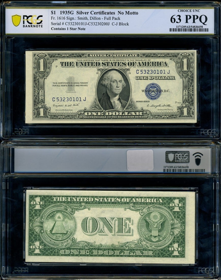 PCGS CU63 1935-G $1 Silver Certificate Pack 100 Notes (1 of 3)