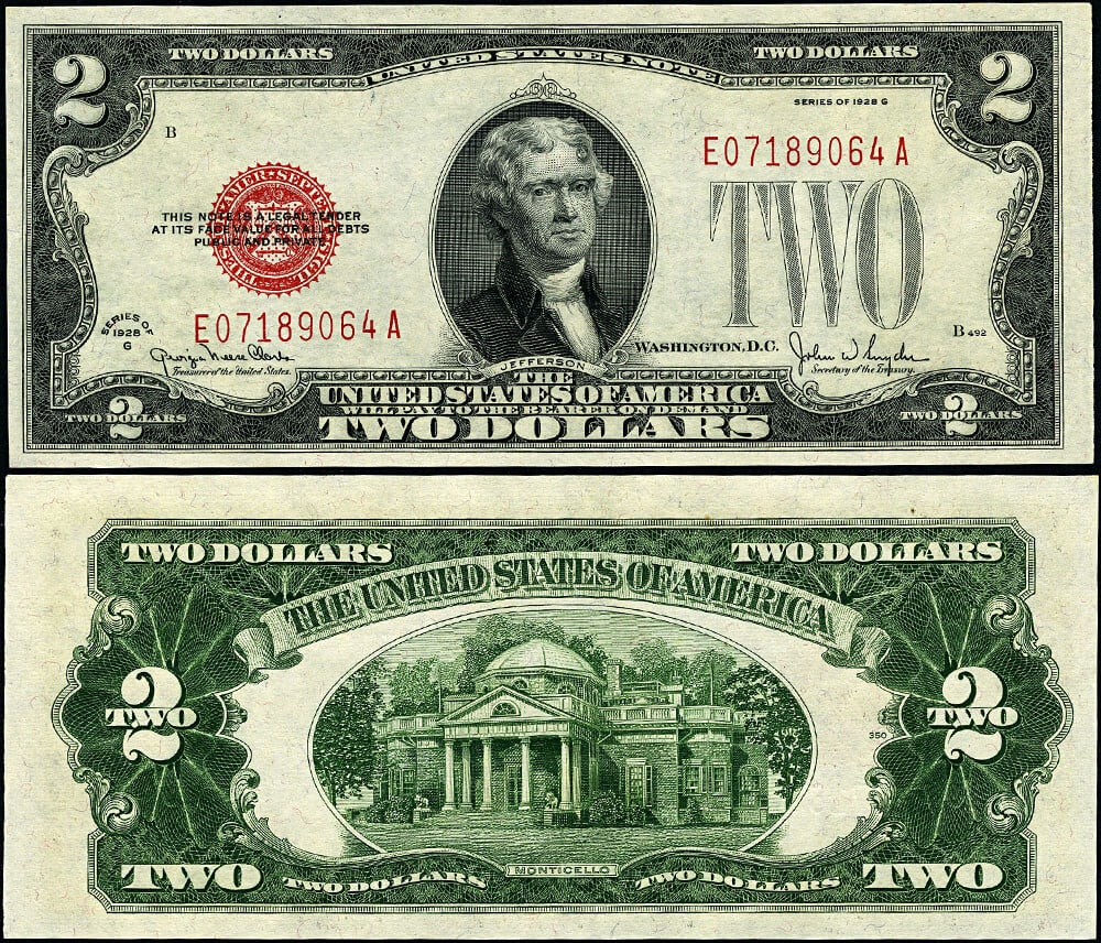 1928-G $2 Legal Tender Note FR. 1508 E-A Block Gem CU: 1928-G $2 Legal Tender Note FR. 1508 E-A Block Gem CU This is a 1928-G $2 Legal Tender note, cataloged as FR. 1508. It features uncirculated condition with a Gem CU grade, indicating exceptional quali
