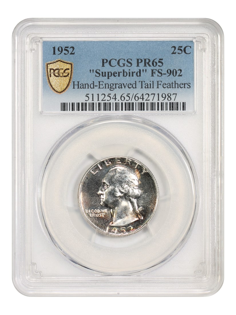 PCGS PR65 1952 Washington Quarter 25C FS-902 Superbird: PCGS PR65 1952 Washington Quarter 25C FS-902 Superbird 1952 Washington Quarter certified by PCGS as PR65. This uncirculated example is identified as the Superbird variety with hand engraved tail feath