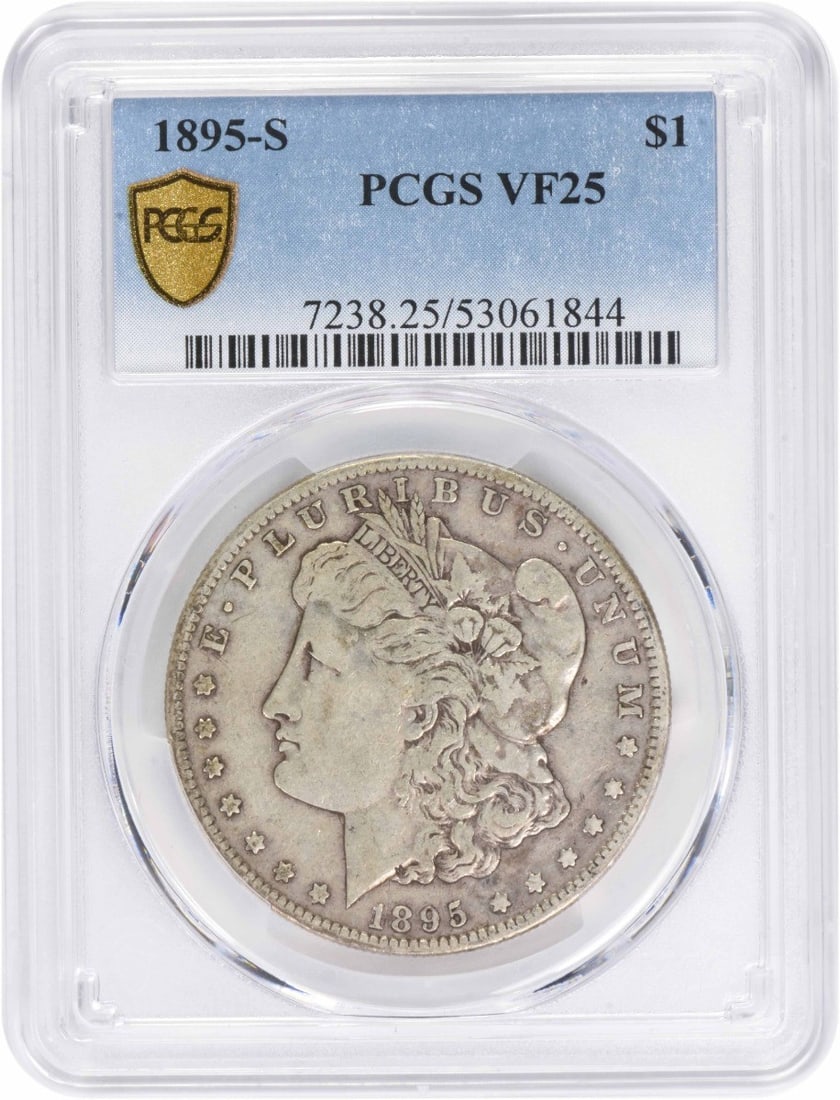 PCGS VF25 1895-S Morgan Dollar San Francisco Mint: PCGS VF25 1895-S Morgan Dollar San Francisco Mint This 1895-S Morgan Silver Dollar is a circulated coin graded VF25 by PCGS. Struck at the San Francisco Mint, it is composed of 90% silver and 10% copp