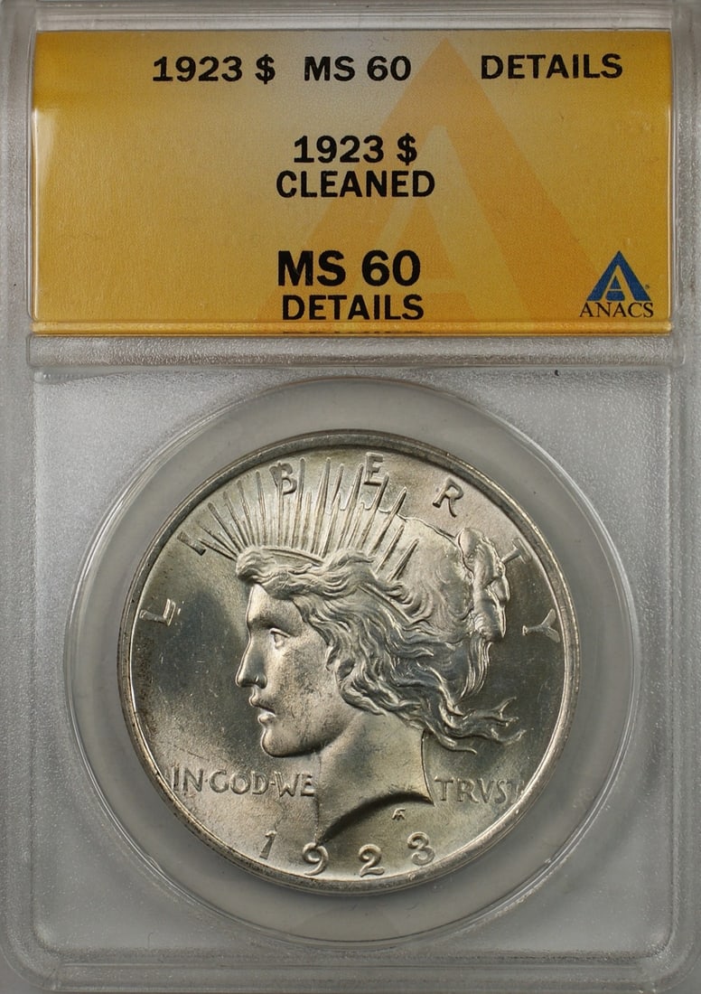 1923 Peace Dollar Silver Coin ANACS MS-60 Details Cleaned Philadelphia Issue: 1923 Peace Dollar Silver Coin ANACS MS-60 Details Cleaned Philadelphia Issue This 1923 Peace Silver Dollar is an uncirculated coin, certified by ANACS with a grade of MS-60 Details. The coin has been 