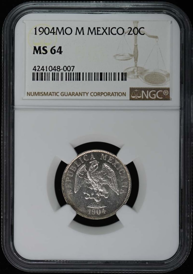 1904 Mexico 20 Centavos NGC MS64 Uncirculated Coin: 1904 Mexico 20 Centavos NGC MS64 Uncirculated Coin This 1904 Mexico 20 Centavos coin is graded MS64 by NGC, ensuring its uncirculated condition. A beautiful example of early 20th-century Mexican curre