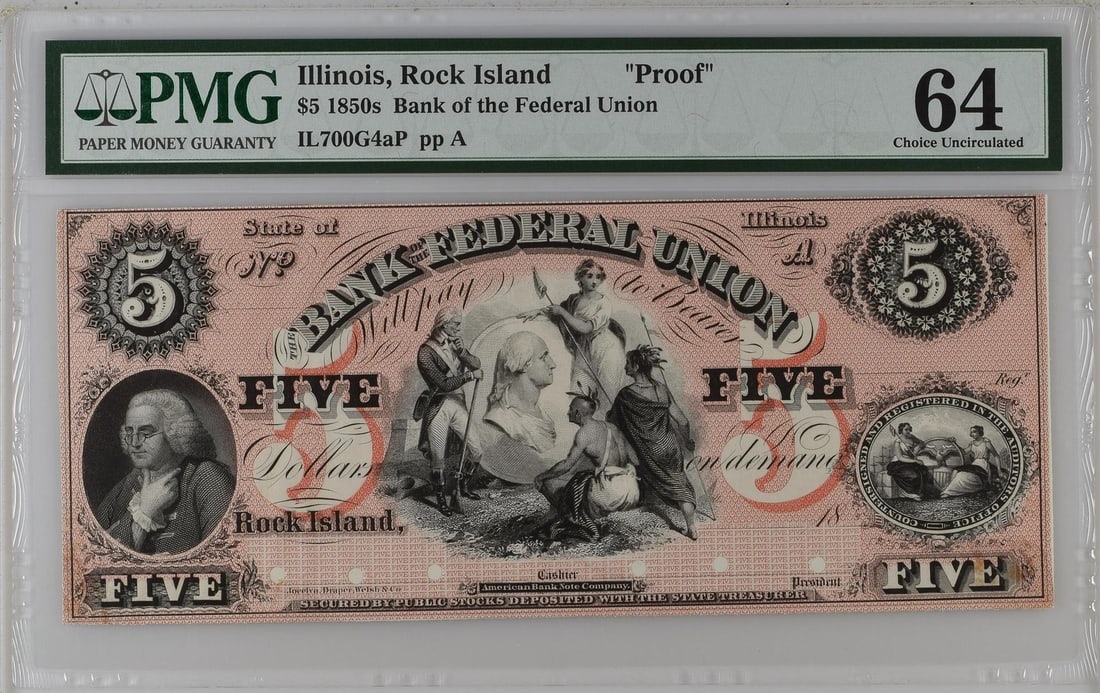 PMG 64 Proof 1850 Bank of Federal Union Rock Island Illinois $5 Note: PMG 64 Proof 1850 Bank of Federal Union Rock Island Illinois $5 Note 1850 $5 obsolete note from the Bank of Federal Union in Rock Island, Illinois. This pre-owned example is graded by PMG as Choice Un