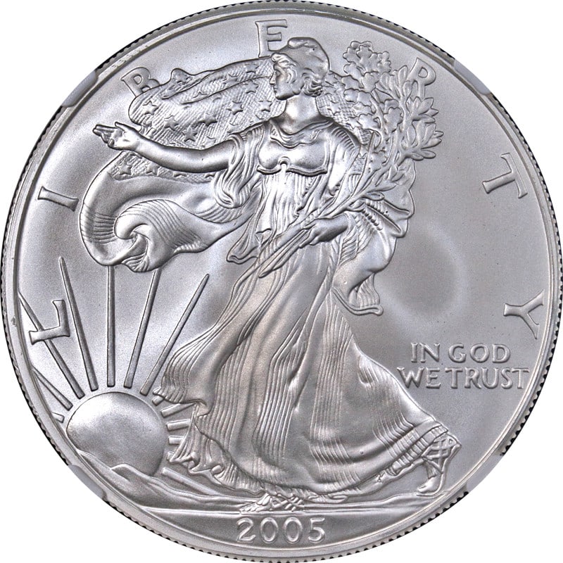 NGC MS70 2005 Silver American Eagle Dollar Brown Label: NGC MS70 2005 Silver American Eagle Dollar Brown Label This 2005 Silver American Eagle $1 coin is graded MS70 by NGC and features the Brown Label. Struck in .999 fine silver, it is uncirculated and di