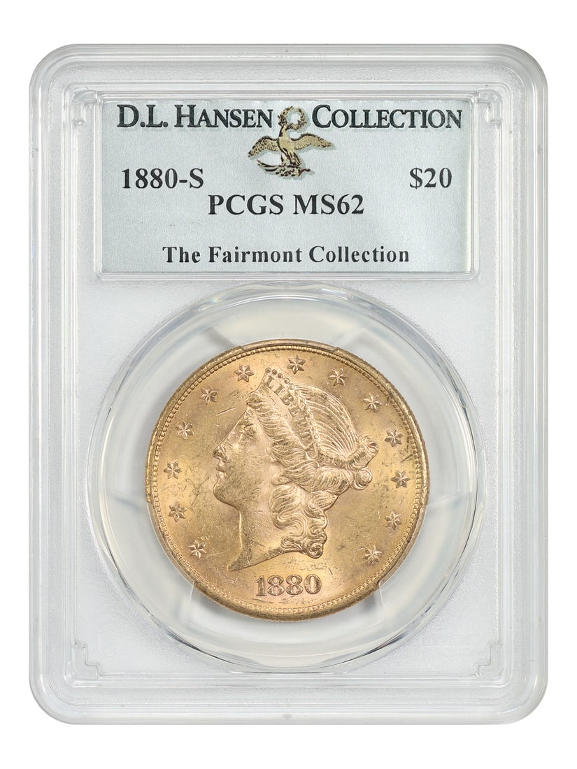 PCGS MS62 1880-S Liberty Head $20 Gold Coin ex D.L. Hansen: PCGS MS62 1880-S Liberty Head $20 Gold Coin ex D.L. Hansen 1880-S Liberty Head $20 gold coin graded MS62 by PCGS and pedigreed ex: D.L. Hansen. Struck at the San Francisco Mint, this uncirculated exam