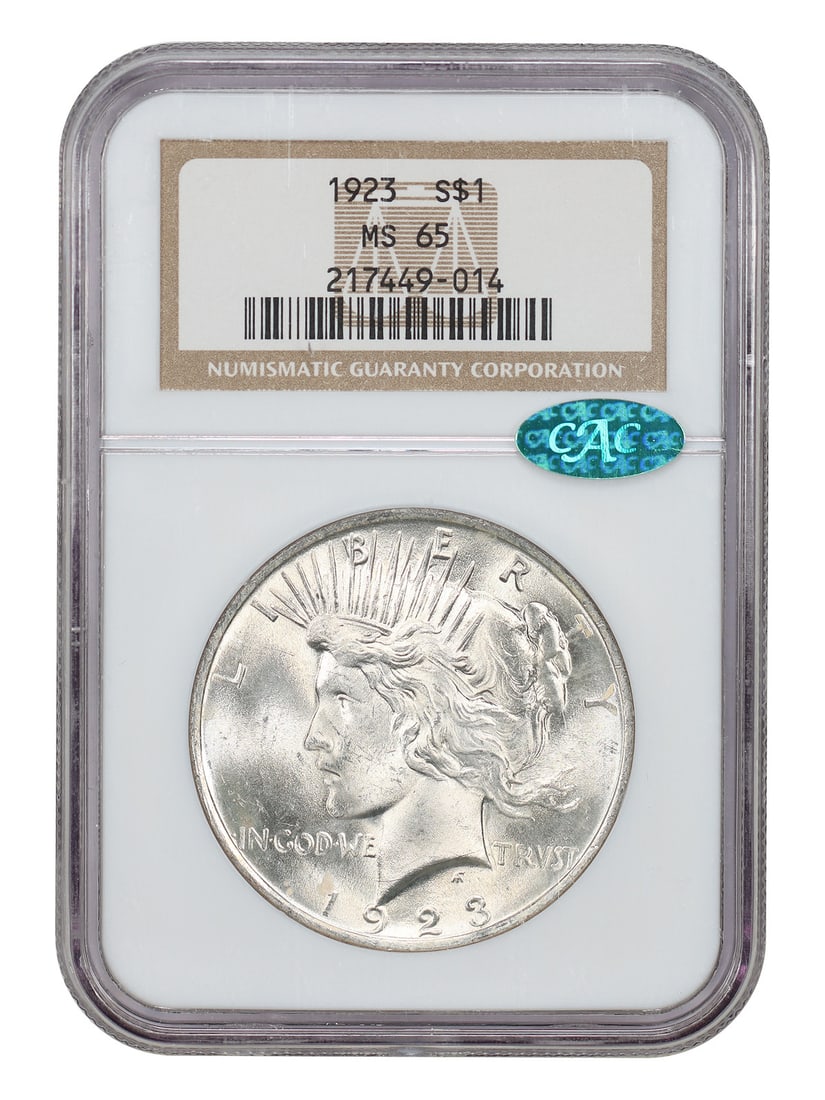 NGC CAC MS65 1923 Peace Dollar $1 Philadelphia: NGC CAC MS65 1923 Peace Dollar $1 Philadelphia 1923 Peace Dollar certified by NGC and CAC in MS65 grade. This uncirculated pre-owned coin was struck in Philadelphia and features the classic Peace Doll