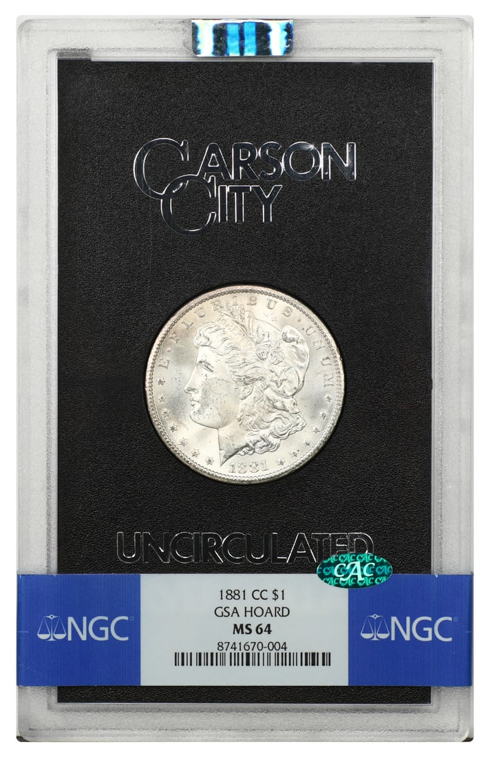 1881 Carson City Morgan Dollar GSA NGC MS64 CAC: 1881 Carson City Morgan Dollar GSA NGC MS64 CAC 1881-CC Morgan Dollar GSA issue housed in the original hard case and graded NGC MS64 with CAC approval. This uncirculated Carson City dollar is a better