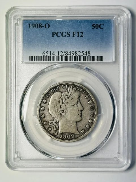 PCGS F-12 1908-O Barber Half Dollar Silver Coin: PCGS F-12 1908-O Barber Half Dollar Silver Coin 1908-O Barber Half Dollar graded F-12 by PCGS. This pre-owned U.S. silver coin is a certified example from the New Orleans Mint. Specifications Item Typ