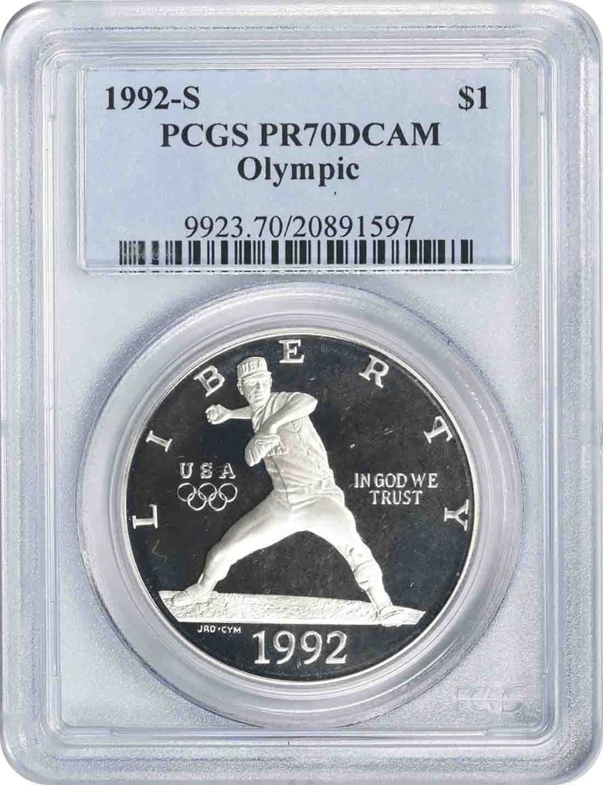 1992-S Olympic Commemorative Silver Dollar PR70DCAM PCGS Uncirculated: 1992-S Olympic Commemorative Silver Dollar PR70DCAM PCGS Uncirculated This 1992-S Olympic Commemorative Silver Dollar is a stunning piece, graded PR70DCAM by PCGS, ensuring its pristine condition. It 