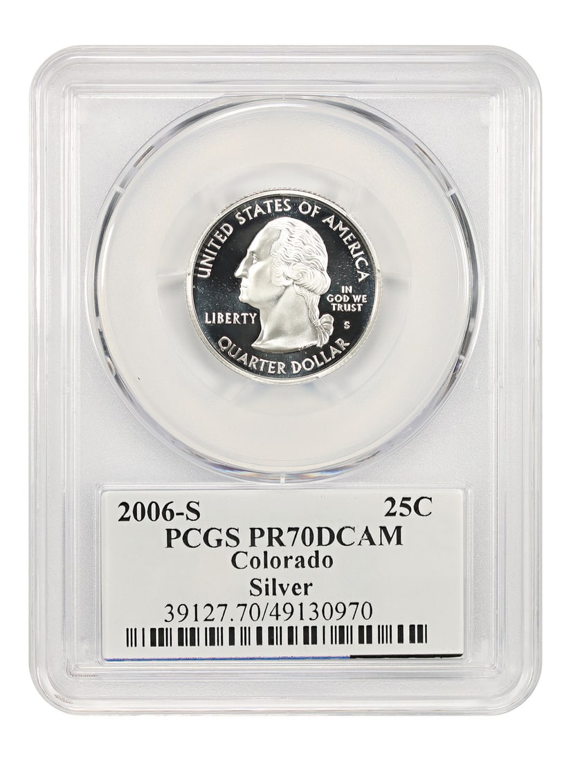 PCGS PR70DCAM 2006-S Colorado Silver Proof 25C State Quarter: PCGS PR70DCAM 2006-S Colorado Silver Proof 25C State Quarter Certified 2006-S Colorado Washington 50 States Quarter in PR70DCAM grade. This silver 25C issue was struck at the San Francisco Mint and is