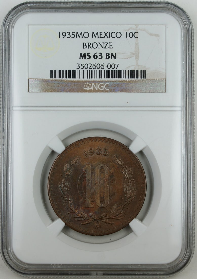 Mexico 1935 Bronze 10 Centavos Coin NGC MS-63 Brown: Mexico 1935 Bronze 10 Centavos Coin NGC MS-63 Brown This 1935 MO Mexico 10 Centavos coin is composed of bronze and has been certified by NGC with a grade of MS-63 BN. It is from the historical period 