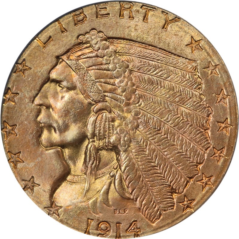 PCGS MS64 1914-D Indian Head $2.50 Gold Coin: PCGS MS64 1914-D Indian Head $2.50 Gold Coin A 1914-D Indian Gold $2.50 coin graded PCGS MS64. This uncirculated, pre-owned piece is noted for superb eye appeal, fantastic luster, a strong strike, sup