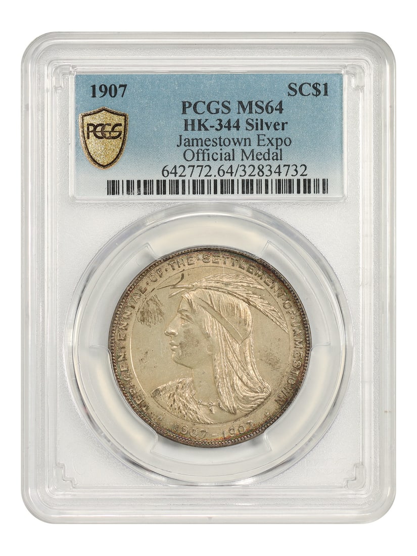 1907 Jamestown Expo SC$1 Silver Medal PCGS MS64 HK-344: 1907 Jamestown Expo SC$1 Silver Medal PCGS MS64 HK-344 1907 Jamestown Tercentennial Exposition official medal, designated as So-Called Dollar SC$1 and certified by PCGS MS64. This silver piece is wond