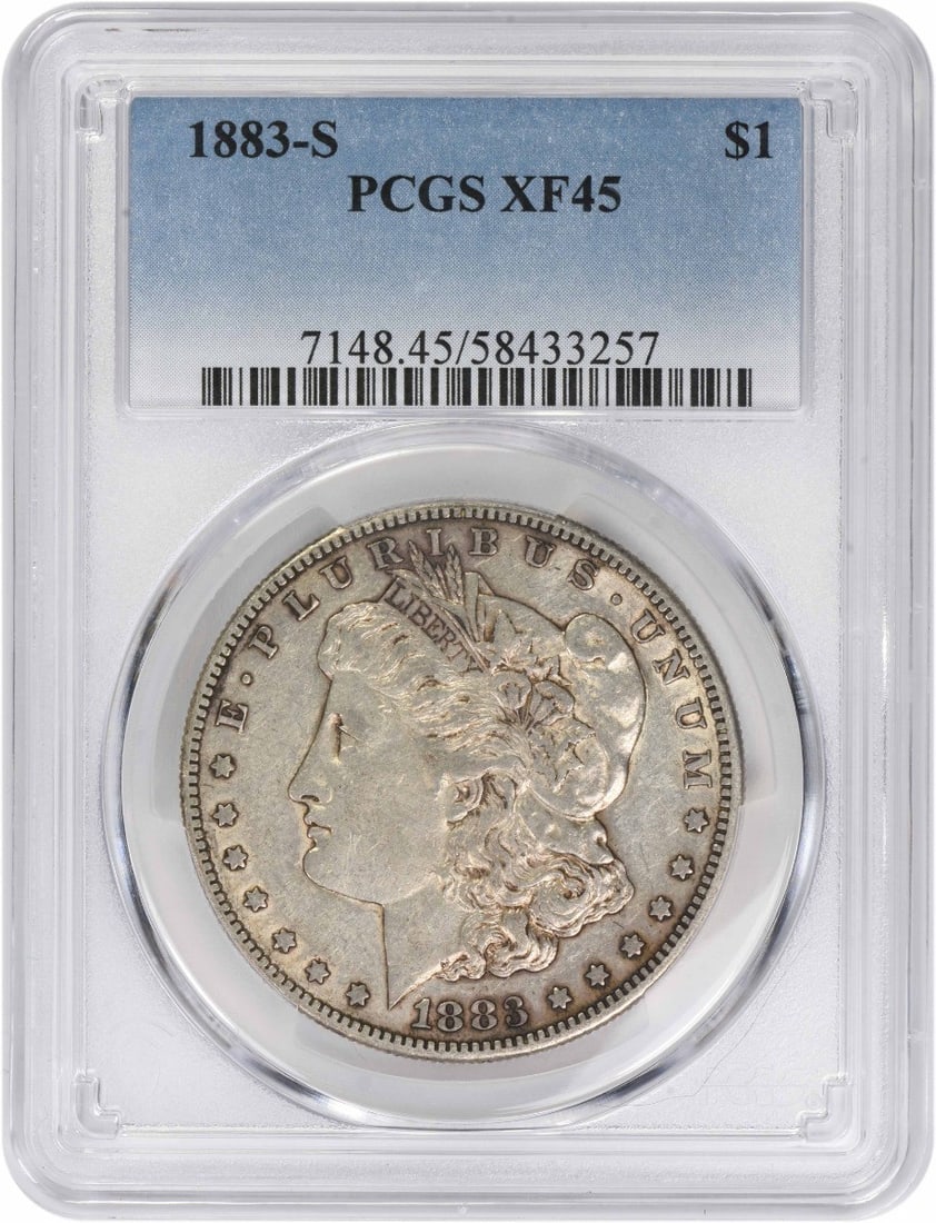 PCGS EF45 1883 S Morgan Silver Dollar $1 Coin: PCGS EF45 1883 S Morgan Silver Dollar $1 Coin 1883-S Morgan Silver Dollar certified by PCGS and graded EF45. This circulated, pre-owned United States $1 coin features the classic Morgan design by Geor