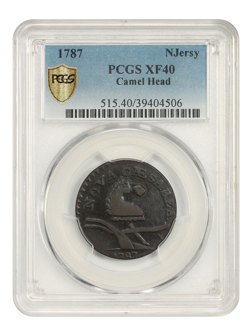 1787 NJersy Colonial Coin PCGS XF40 Camel Head: 1787 NJersy Colonial Coin PCGS XF40 Camel Head 1787 New Jersey colonial copper coin, certified by PCGS and graded XF40. The piece is identified as the Camel Head variety and is listed as circulated.