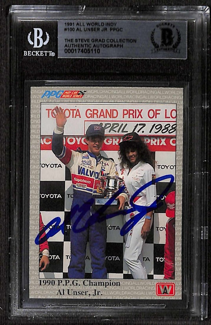 Al Unser Jr 1991 All World Indy PPGC #100 Signed Card Beckett Authenticated: Al Unser Jr 1991 All World Indy PPGC #100 Signed Card Beckett Authenticated This is a signed 1991 All World Indy PPGC #100 sports trading card featuring the autograph of renowned Indy racing driver Al