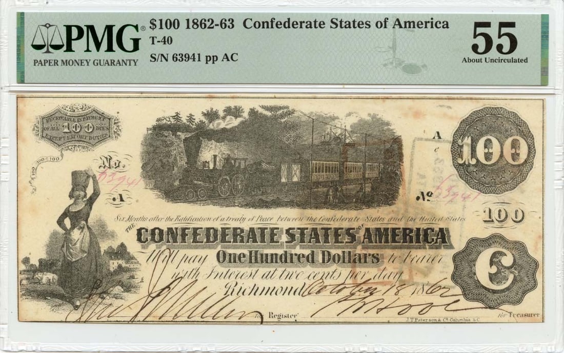 PMG AU55 1862 Confederate States of America 100 Dollar Note T-40: PMG AU55 1862 Confederate States of America 100 Dollar Note T-40 1862 Confederate States of America T-40 $100 note graded PMG AU55. This pre-owned, circulated note is a certified example of Confederat
