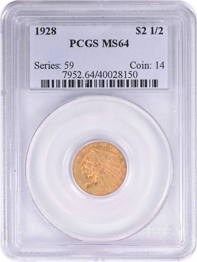 PCGS MS64 1928 Indian Head Quarter Eagle $2.50 Gold Coin: PCGS MS64 1928 Indian Head Quarter Eagle $2.50 Gold Coin 1928 $2.50 Gold Indian certified by PCGS in MS64 uncirculated grade. This pre-1933 United States coin features Bela Lyon Pratt's design and a r