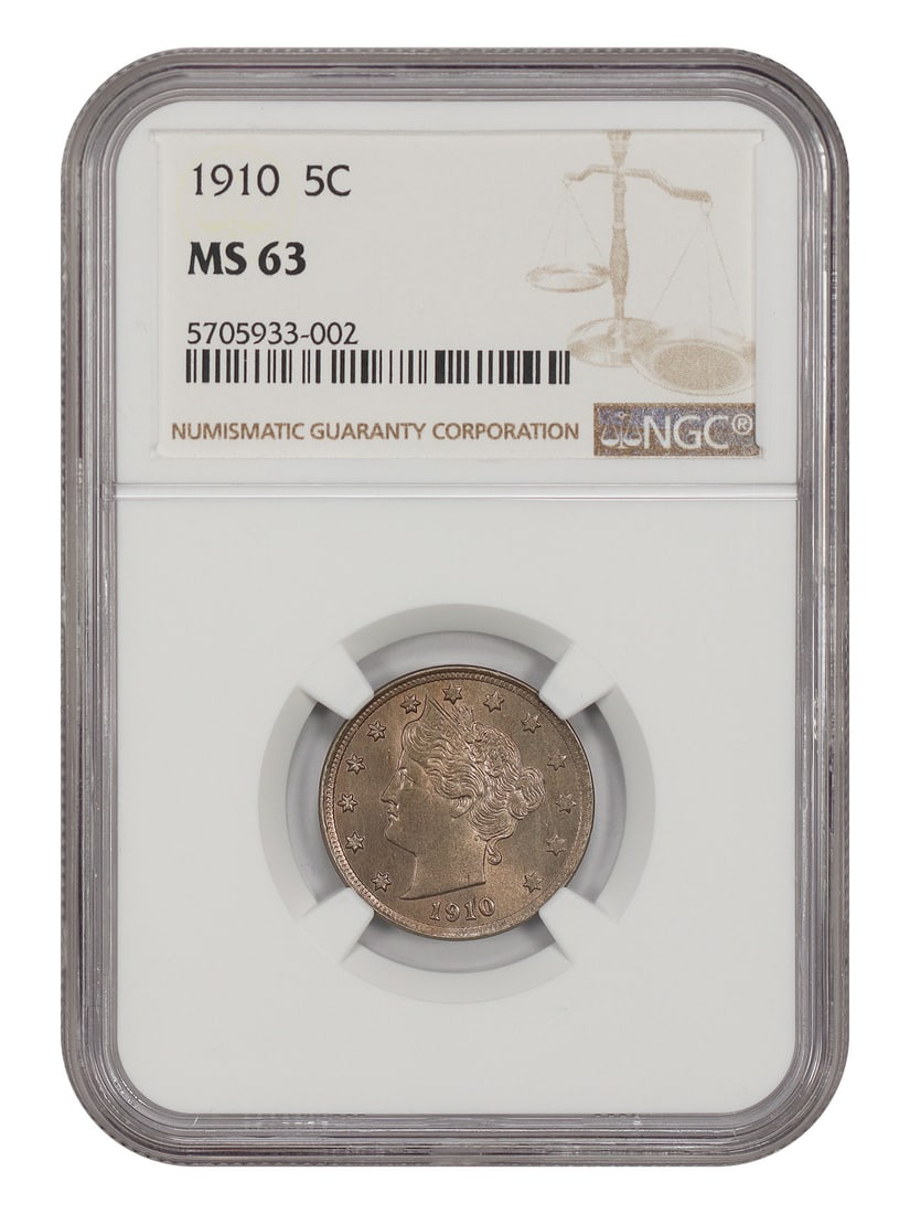 NGC MS63 1910 Liberty Head 5C Nickel: NGC MS63 1910 Liberty Head 5C Nickel 1910 Liberty Nickel certified by NGC in MS63 grade. This uncirculated 5-cent coin was struck in Philadelphia and is offered as a pre-owned piece. Specifications De