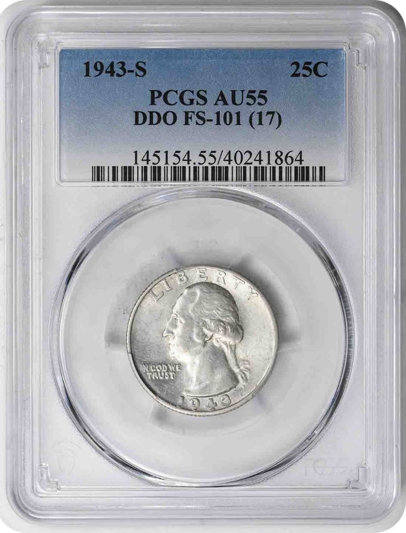 1943-S Washington Quarter DDO FS-101 AU55 PCGS 90% Silver: 1943-S Washington Quarter DDO FS-101 AU55 PCGS 90% Silver This 1943-S Washington Quarter is a stunning collectible coin, certified by PCGS with a grade of AU55. Minted in San Francisco, it features th