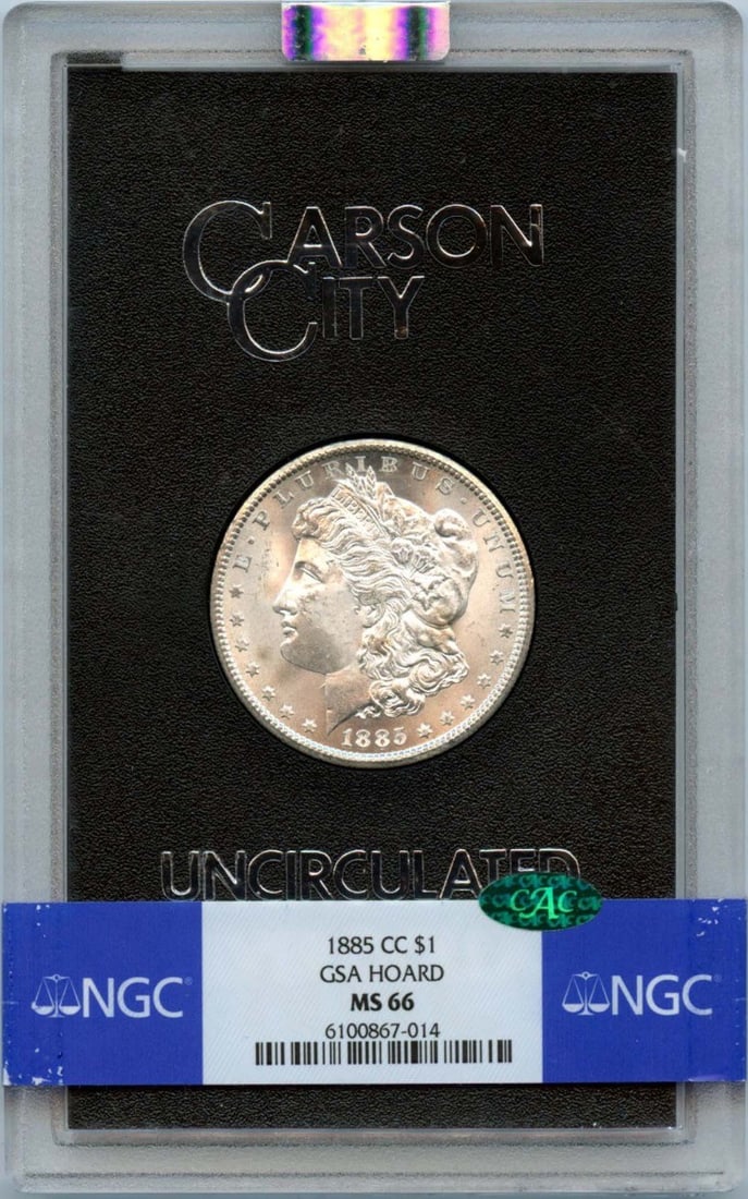 NGC MS66 CAC 1885 Carson City Morgan Dollar from GSA Hoard: NGC MS66 CAC 1885 Carson City Morgan Dollar from GSA Hoard This 1885-CC Morgan Dollar is part of the GSA Hoard and has been certified by NGC with a grade of MS66. The coin features the Carson City min