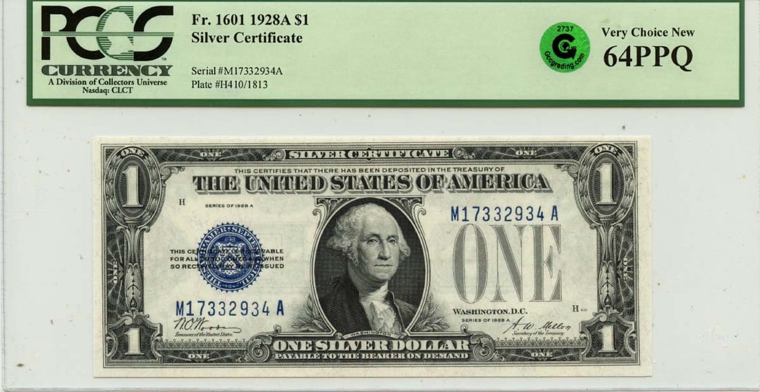 PCGS Certified 1928A One Dollar Silver Certificate FR1601 Uncirculated: PCGS Certified 1928A One Dollar Silver Certificate FR1601 Uncirculated This is a 1928A $1 Silver Certificate from the United States, graded MS64 and certified by PCGS Currency. The note is uncirculate