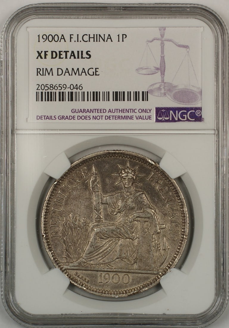 NGC XF Details 1900A French Indochina 1 Piastre Silver Coin Rim Damage: NGC XF Details 1900A French Indochina 1 Piastre Silver Coin Rim Damage 1900A French Indochina 1 Piastre silver coin, graded NGC XF Details with noted rim damage. This circulated coin is identified as 