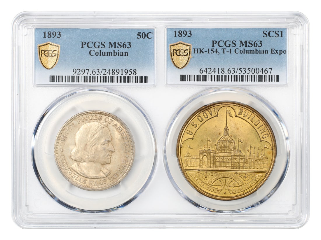 PCGS MS63 1893 Columbian 50C dual holder with HK-154 T-1 Expo SC$1: PCGS MS63 1893 Columbian 50C dual holder with HK-154 T-1 Expo SC$1 1893 50C Columbian commemorative coin, Philadelphia issue, certified by PCGS and graded MS63. The item is described as uncirculated a