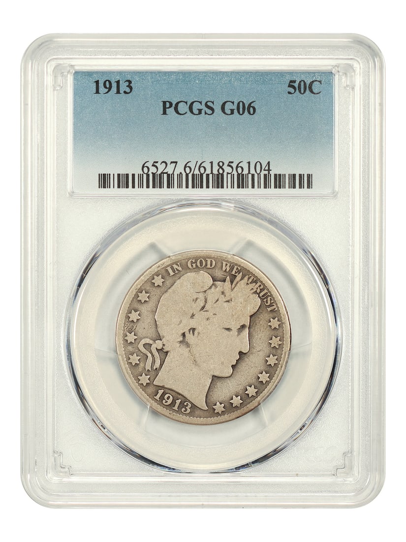 1913 Barber Half Dollar 50C PCGS Good 06 Philadelphia: 1913 Barber Half Dollar 50C PCGS Good 06 Philadelphia 1913 Barber Half Dollar certified by PCGS in Good 06 condition. This circulated example is a scarce date, with a low mintage of just 188,000 coins