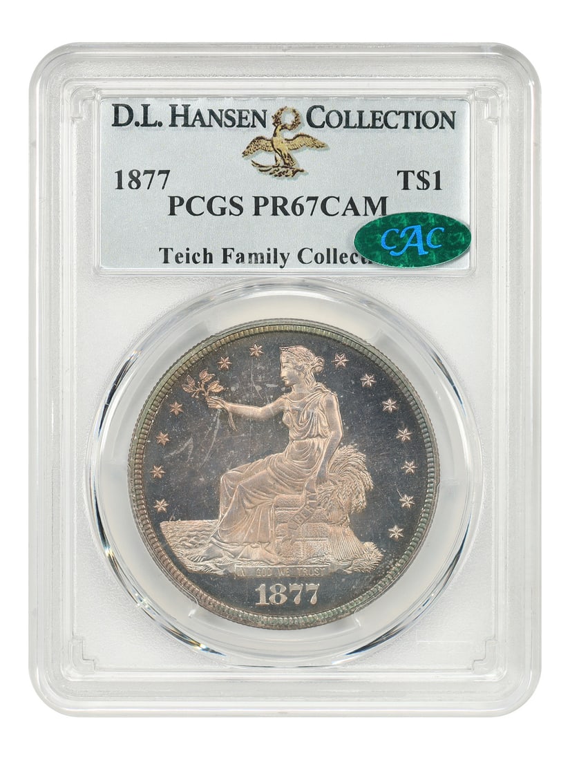 PCGS CAC PR67CAM 1877 Trade Dollar T$1 ex D.L. Hansen: PCGS CAC PR67CAM 1877 Trade Dollar T$1 ex D.L. Hansen 1877 Trade Dollar proof coin certified by PCGS as PR67CAM with CAC approval, ex: D.L. Hansen. Only one single example of the 1877 proof Trade Doll