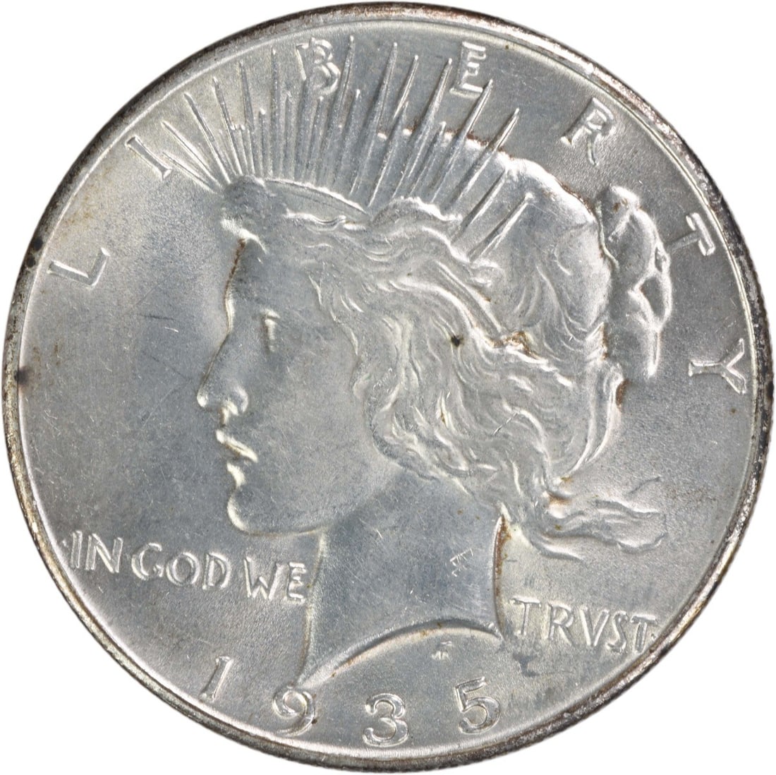 1935 Uncertified Peace Dollar Silver $1 Uncirculated MS63: 1935 Uncertified Peace Dollar Silver $1 Uncirculated MS63 1935 Peace Silver Dollar in uncirculated, pre-owned condition. This silver $1 coin is listed as Choice BU and uncertified. Specifications Coin