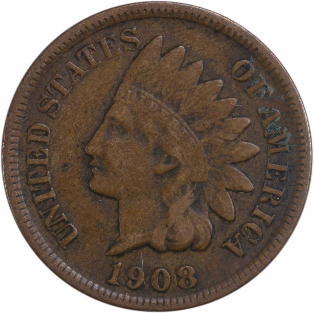 1908 S Indian Head copper small cent VF uncertified: 1908 S Indian Head copper small cent VF uncertified This 1908-S Indian Head Cent is a circulated coin in Very Fine (VF) condition. It is composed of copper and features the classic Indian Head design.