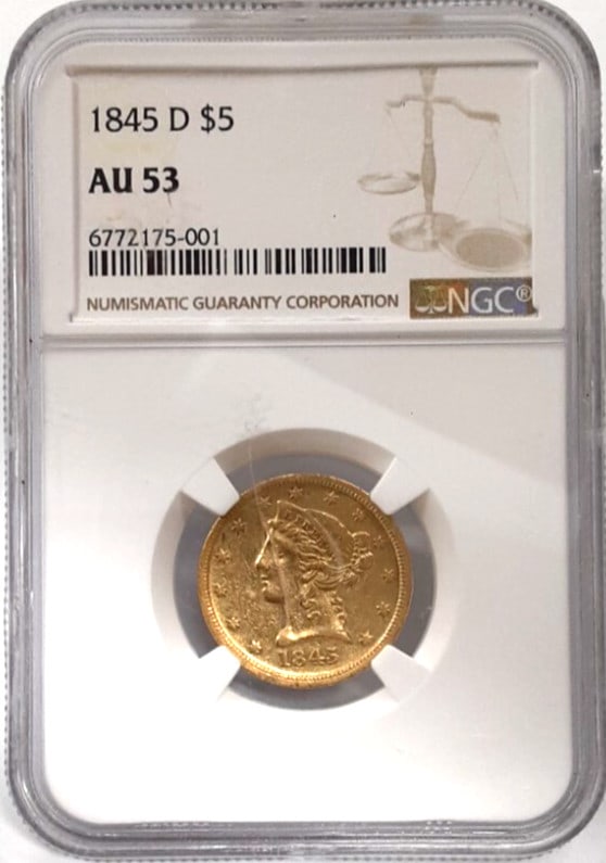 1845 Dahlonega Mint $5 Liberty Gold Coin NGC AU-53 Certified: 1845 Dahlonega Mint $5 Liberty Gold Coin NGC AU-53 Certified This is an 1845-D Liberty $5 Half Eagle gold coin from the Dahlonega Mint, graded AU-53 by NGC. This scarce U.S. gold coin is composed of 0