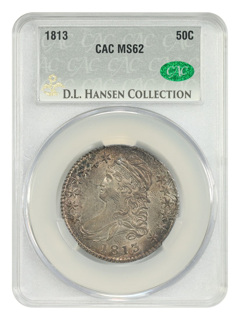 1813 Capped Bust Half Dollar 50C CACG MS62 ex D.L. Hansen: 1813 Capped Bust Half Dollar 50C CACG MS62 ex D.L. Hansen 1813 Capped Bust Half Dollar certified by CACG as MS62 and offered ex: D.L. Hansen. This uncirculated example shows tan-gold surfaces with sca