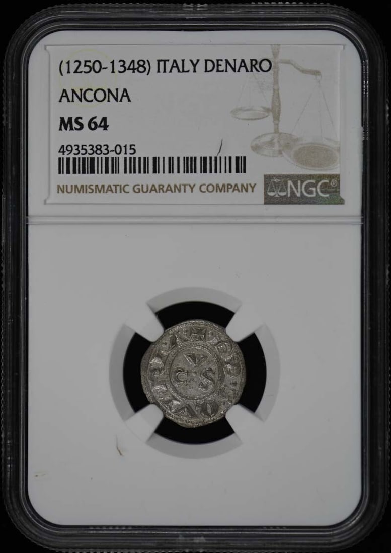 1250-1348 Italy Ancona Denaro Coin NGC MS64 Certified: 1250-1348 Italy Ancona Denaro Coin NGC MS64 Certified This uncirculated Denaro coin from Ancona, Italy, dates from the years 1250-1348 and has been graded by NGC with a certification number of 4935383