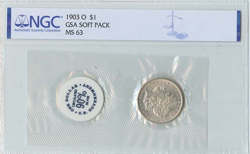 NGC MS63 1903-O Morgan Silver Dollar GSA Soft Pack Uncirculated: NGC MS63 1903-O Morgan Silver Dollar GSA Soft Pack Uncirculated This is a 1903-O Morgan Dollar presented in a GSA soft pack and certified by NGC with a grade of MS63. The coin is uncirculated and was 