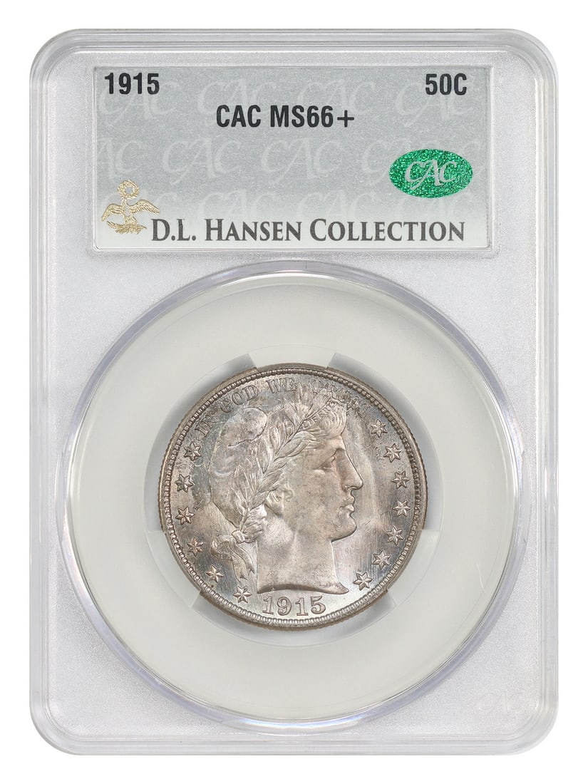 1915 Barber Half Dollar 50C CACG MS66+: 1915 Barber Half Dollar 50C CACG MS66+ 1915 Barber Half Dollar certified by CACG in MS66+ uncirculated condition. The final year of the design, this issue has the second lowest mintage of the series w
